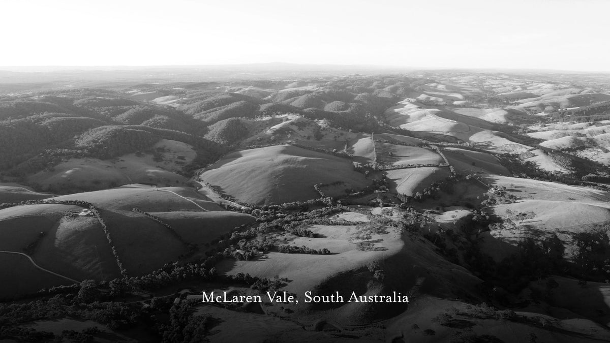 Black and white aerial landscape photograph of rolling hills in McLaren Vale, South Australia, with a small text overlay in the lower-left corner.