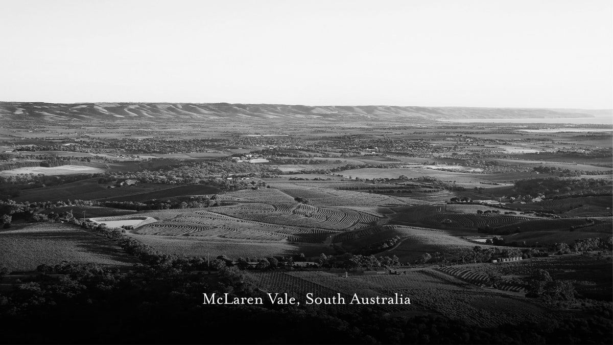 Black and white landscape photograph of McLaren Vale, South Australia, showing rolling hills, vineyard rows, and farm fields under a pale sky, with the text 'McLaren Vale, South Australia' in the lower left corner.