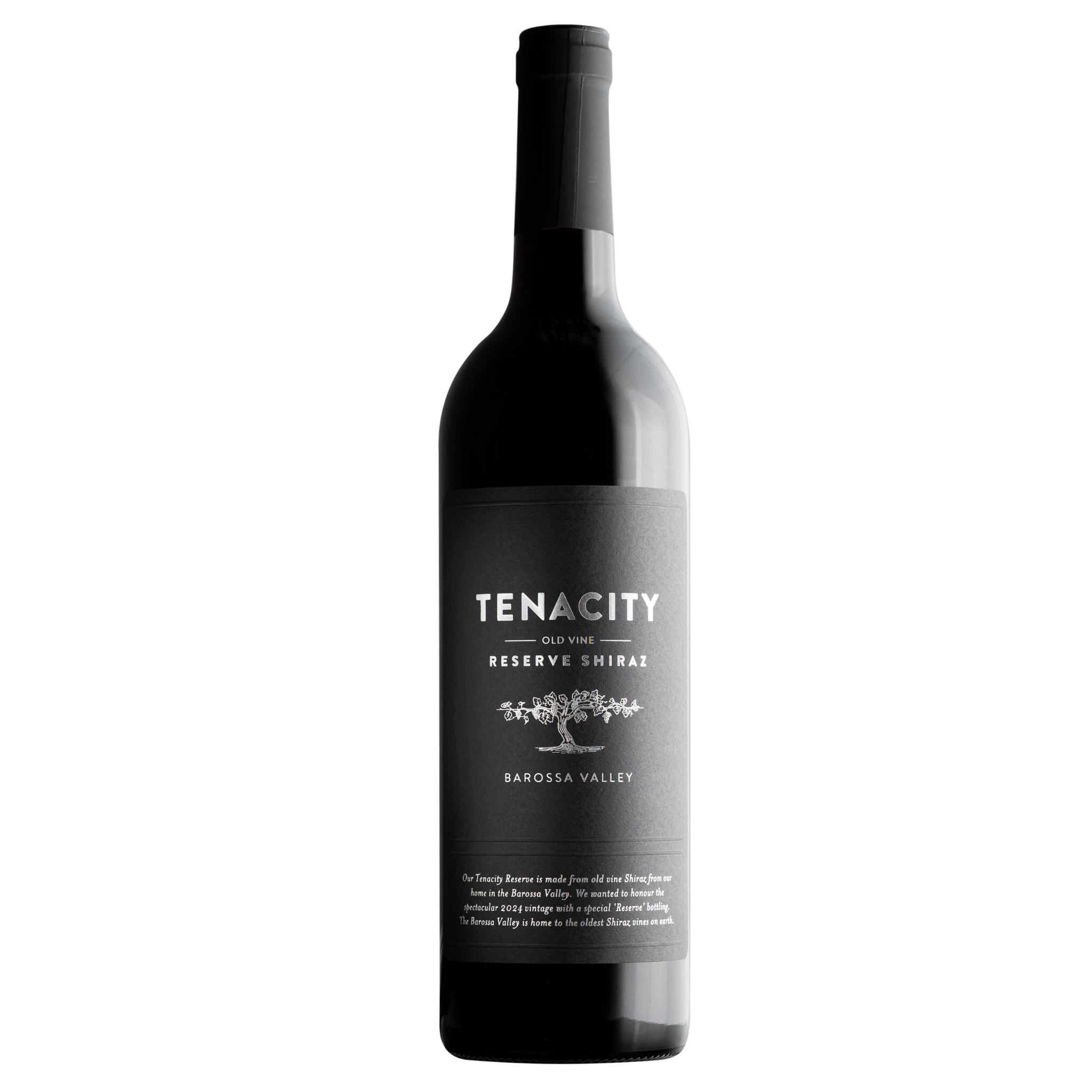 A single bottle of Tenacity Reserve Shiraz from Barossa Valley, featuring a dark glass bottle with a black neck wrap and a minimalist black label with white text, set against a plain white background.