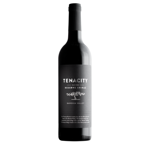 A single bottle of Tenacity Reserve Shiraz from Barossa Valley, featuring a dark glass bottle with a black neck wrap and a minimalist black label with white text, set against a plain white background.