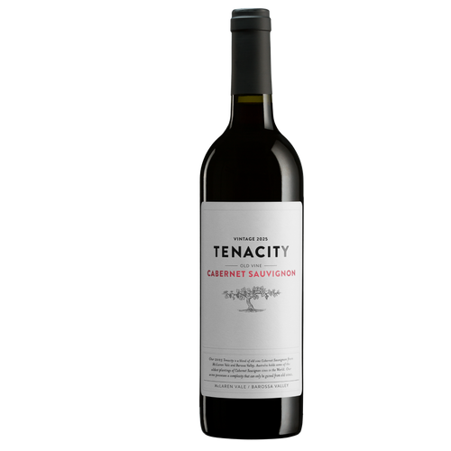 A bottle of Tenacity by the Vine Cabernet Sauvignon red wine, featuring a white label with black and red text, set against a plain white background.