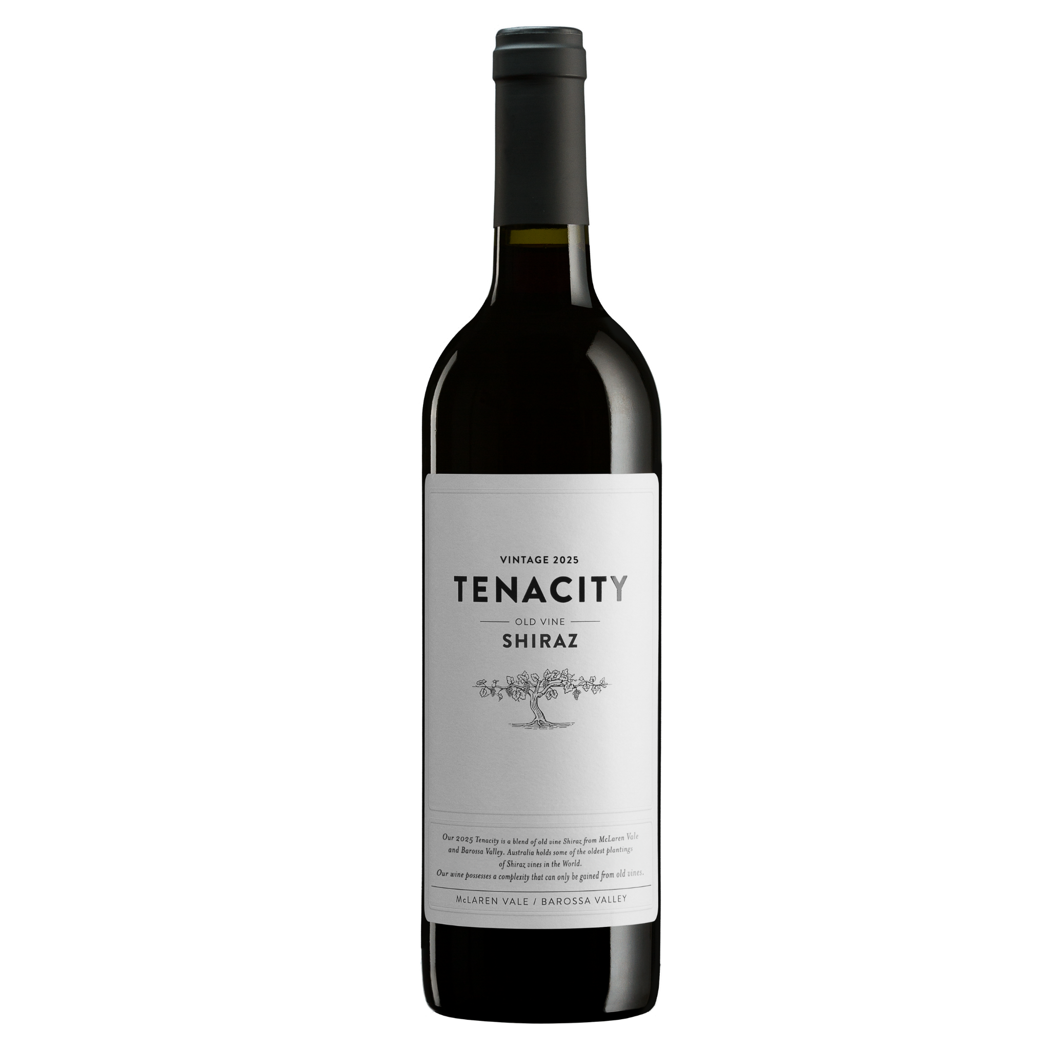 A bottle of Tenacity Shiraz red wine from McLaren Vale/Barossa Valley, featuring a white label with black text and a dark glass bottle with a black capsule.