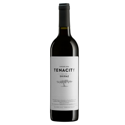 A bottle of Tenacity Shiraz red wine from McLaren Vale/Barossa Valley, featuring a white label with black text and a dark glass bottle with a black capsule.