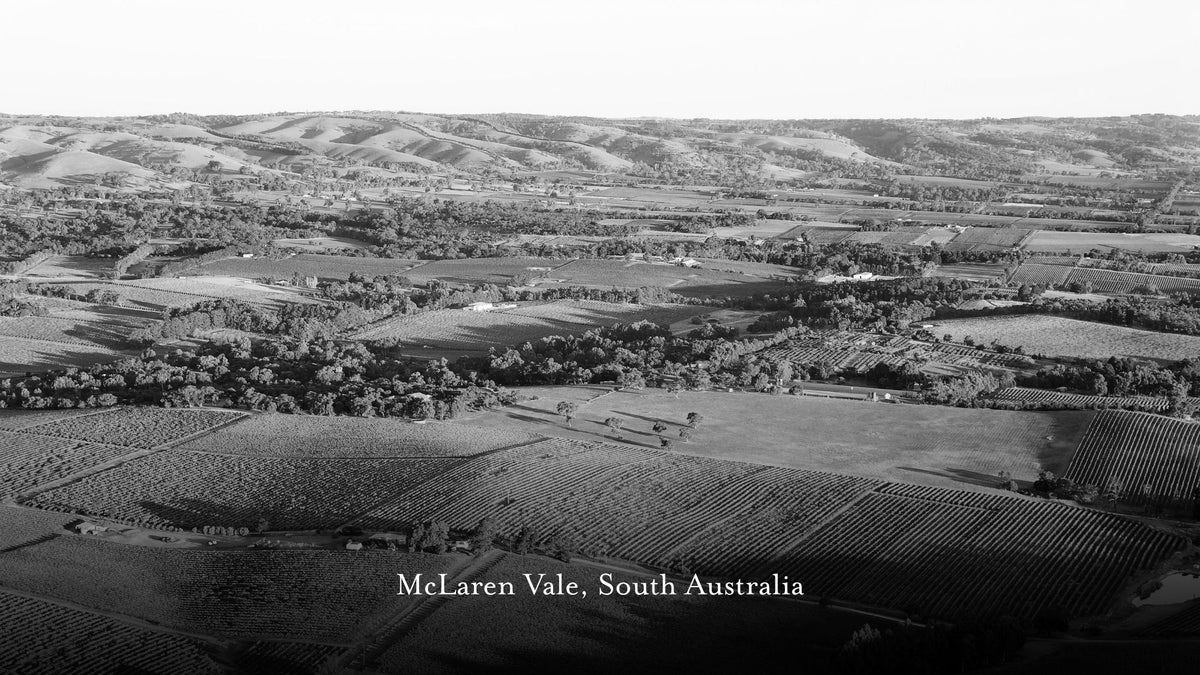 Black and white landscape photograph of McLaren Vale, South Australia, showing rolling hills, vineyard rows, and farm fields. White text at the bottom left reads 'McLaren Vale, South Australia'.